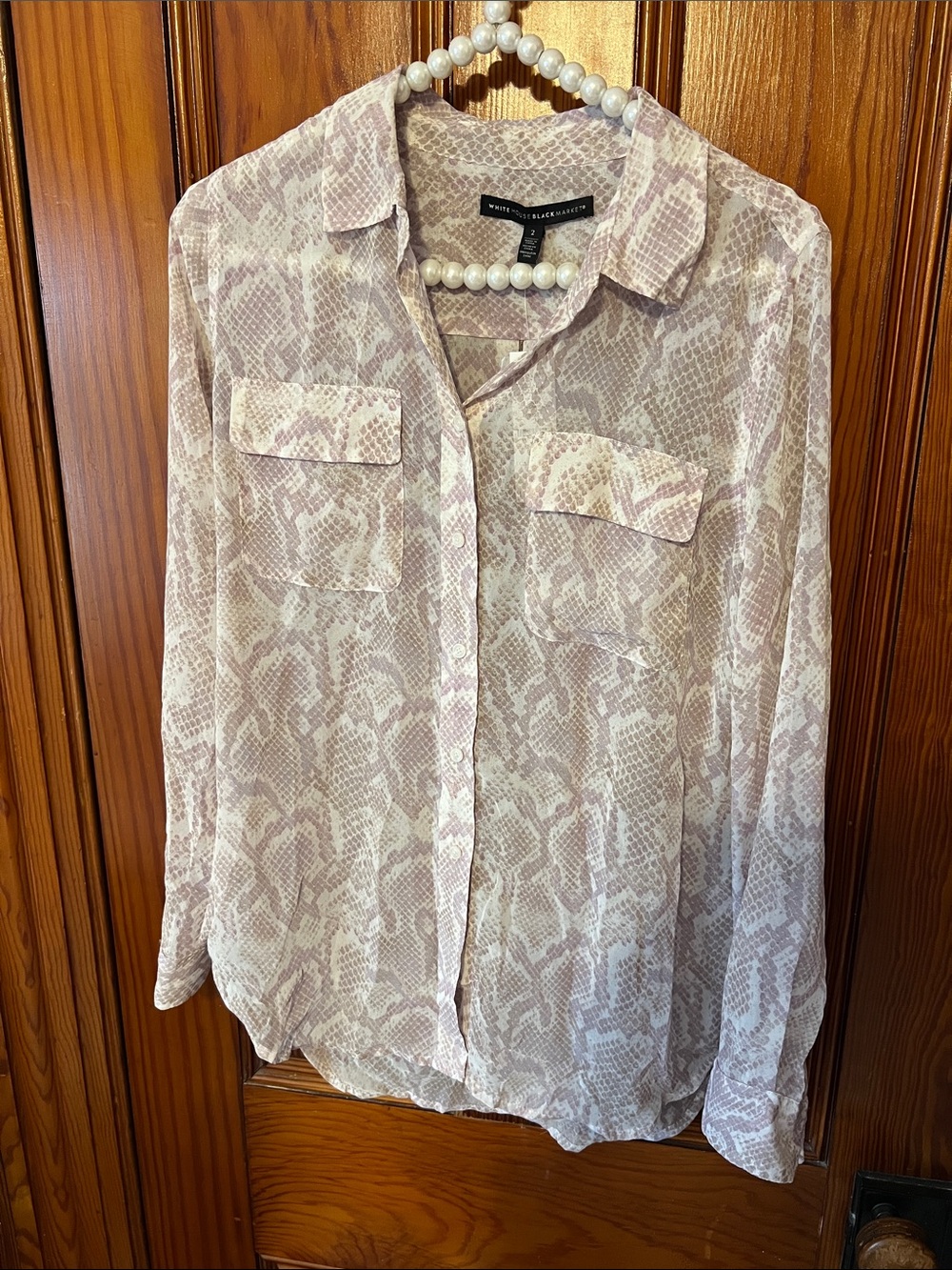White House Black Market Blush Snake-Print Button Front Blouse